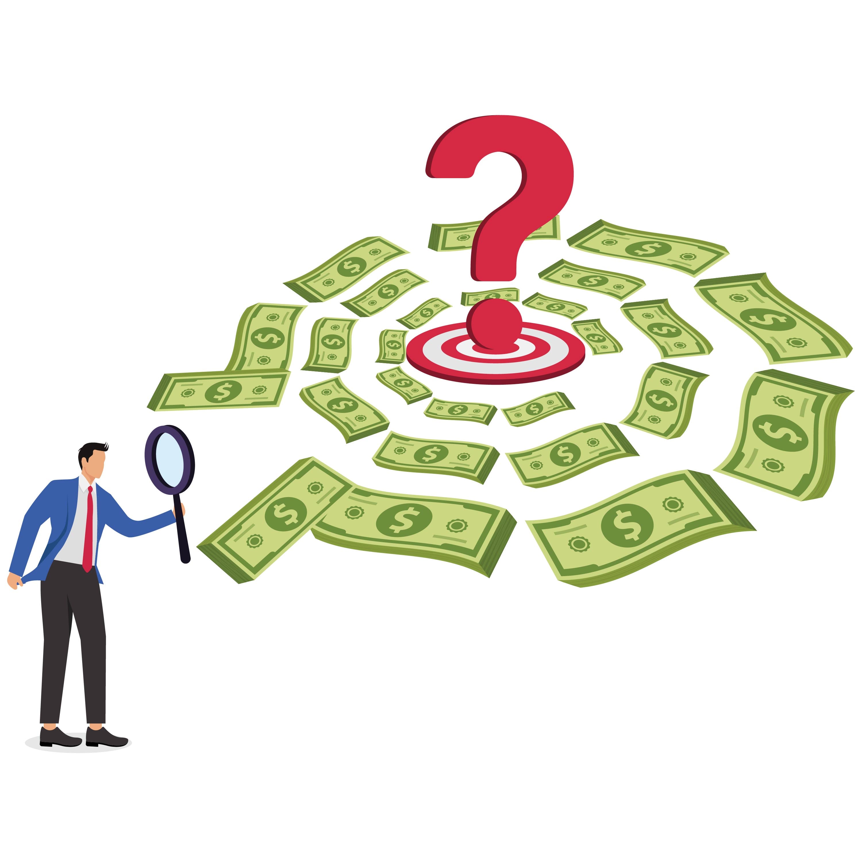 Money confusion and problems, the maze of money, how to make money, directions for getting money or investing, businessmen exploring the maze of money and question marks with a magnifying glass