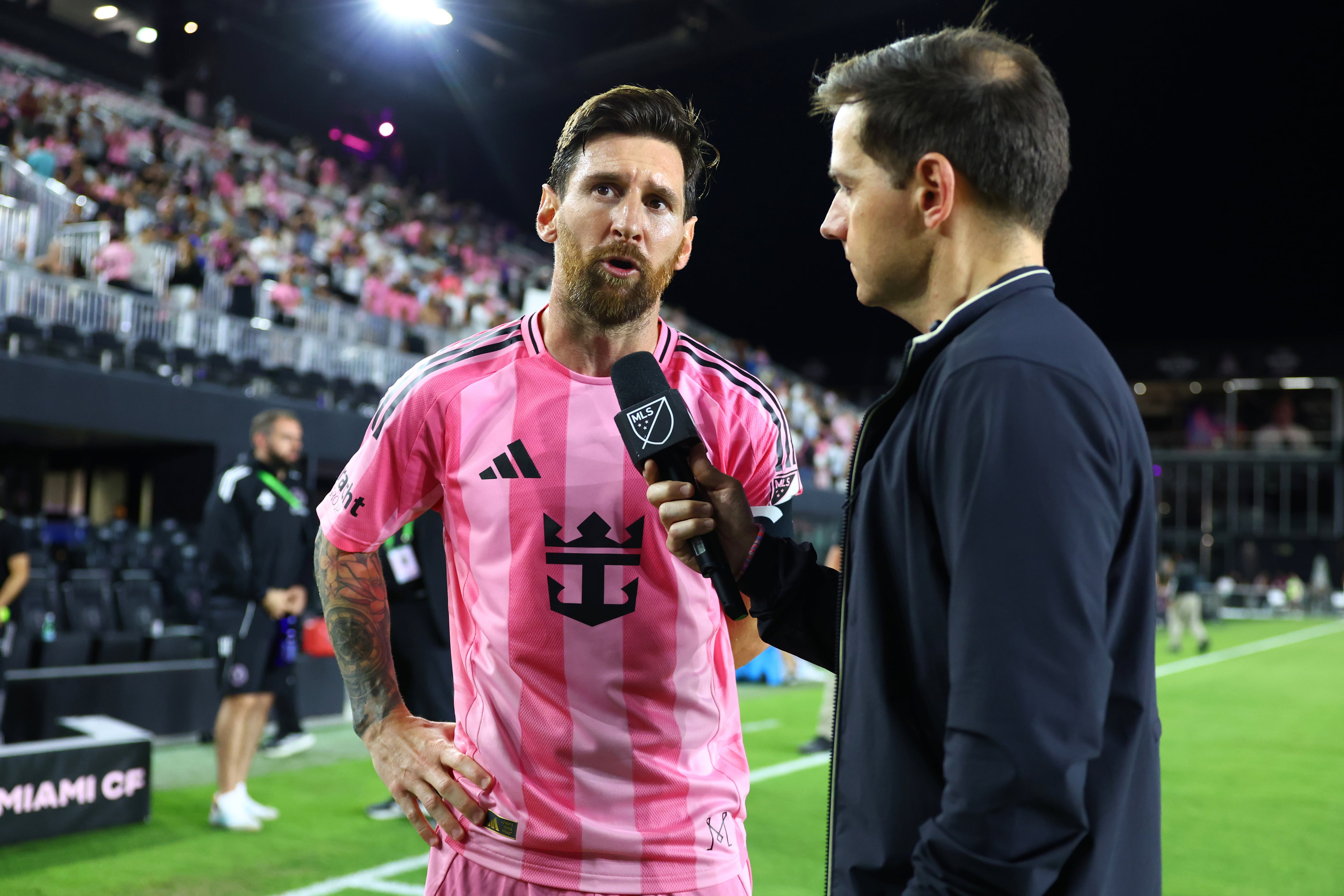FORT LAUDERDALE, FLORIDA - MAY 18: Lionel Messi #10 of Inter Miami CF speaks in the post-match interview after the MLS match between Inter Miami CF and Orlando City at Chase Stadium on May 18, 2025 in Fort Lauderdale, Florida. (Photo by Megan Briggs/Getty Images)