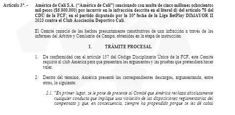 Sanción de Dimayor a América de Cali