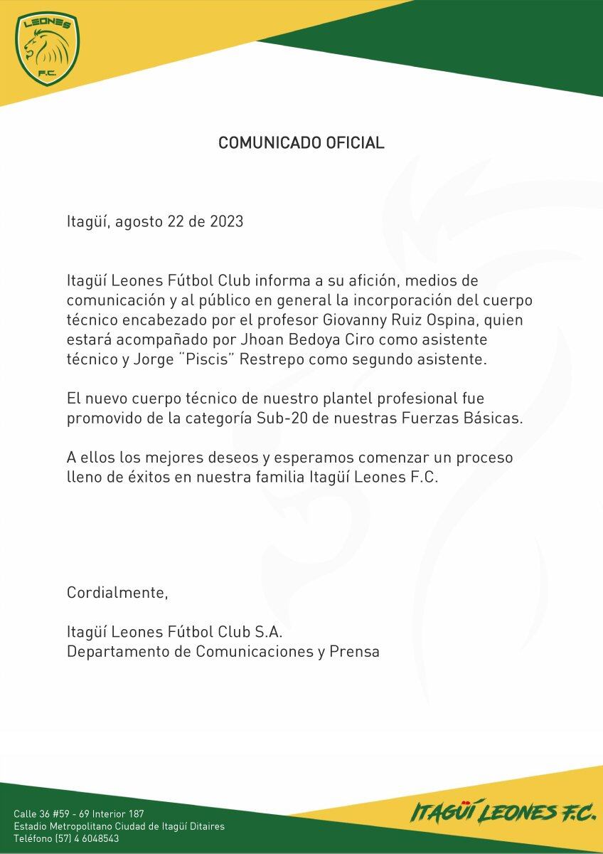 Comunicado oficial de Itagüí Leones