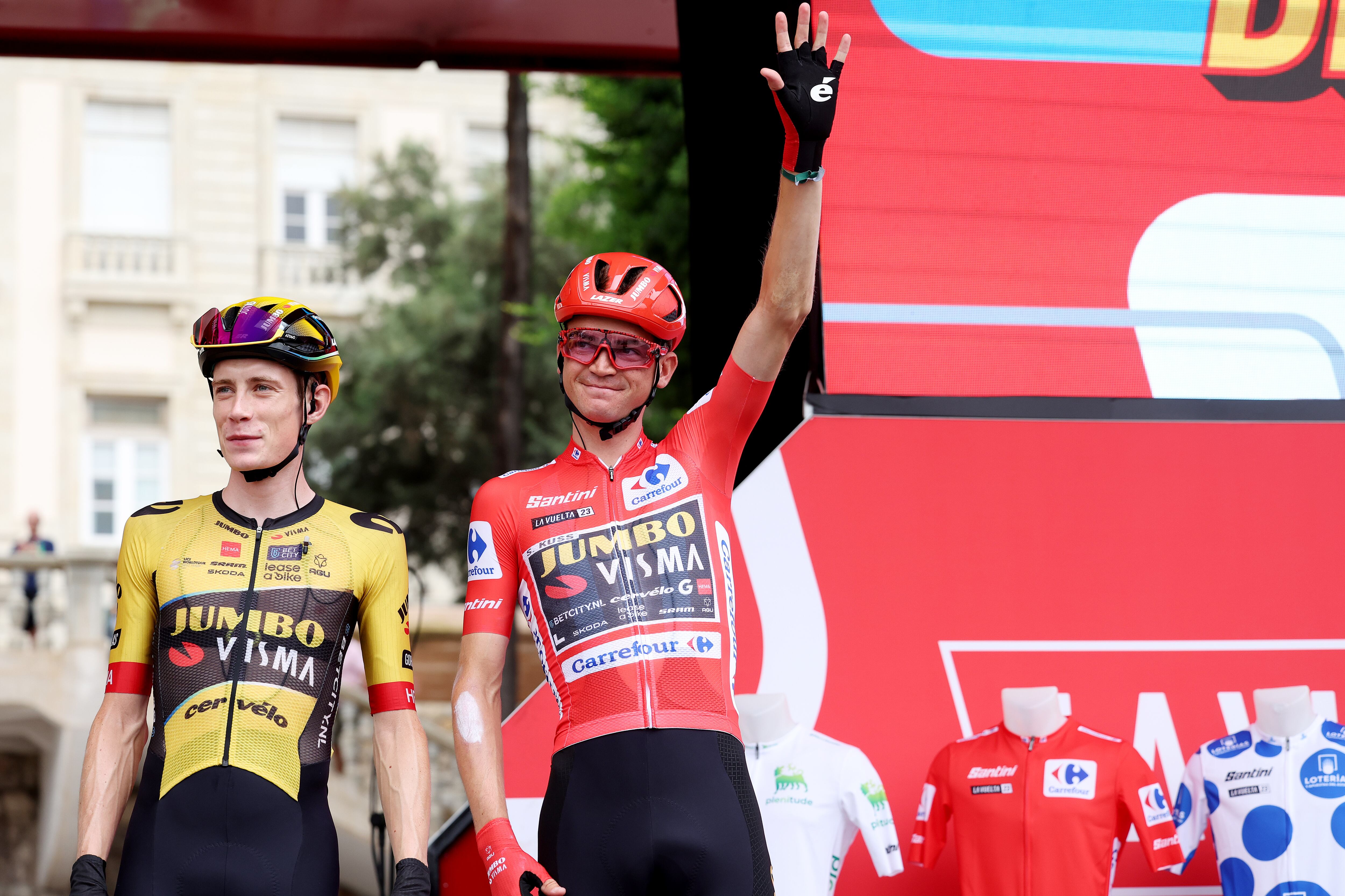 CARTAGENA, SPAIN - SEPTEMBER 03: (L-R) Jonas Vingegaard of Denmark and Sepp Kuss of The United States and Team Jumbo-Visma - Red Leader Jersey prior to the 78th Tour of Spain 2023 - Stage 9 a 184,5 stage from Cartagena to Collado de la Cruz de Caravaca 1089m / #UCIWT / on September 03, 2023 in Cartagena, Spain. (Photo by Alexander Hassenstein/Getty Images)