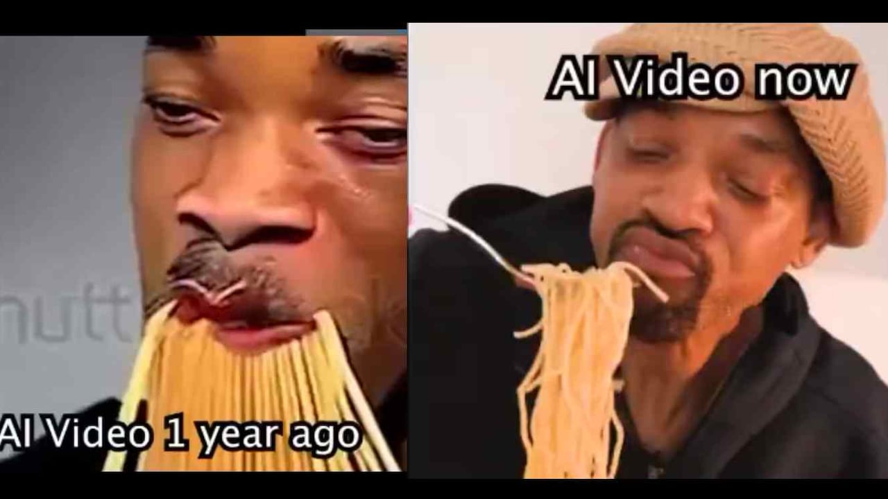 Comparativa de un video creado con IA de Will Smith comiendo espagueti