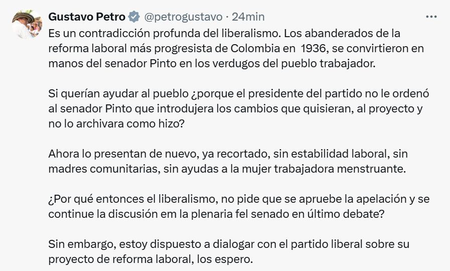 El presidente Gustavo Petro se refirió a la reforma laboral presentada por el partido Liberal.