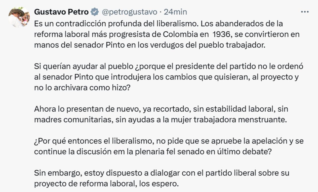 El presidente Gustavo Petro se refirió a la reforma laboral presentada por el partido Liberal.