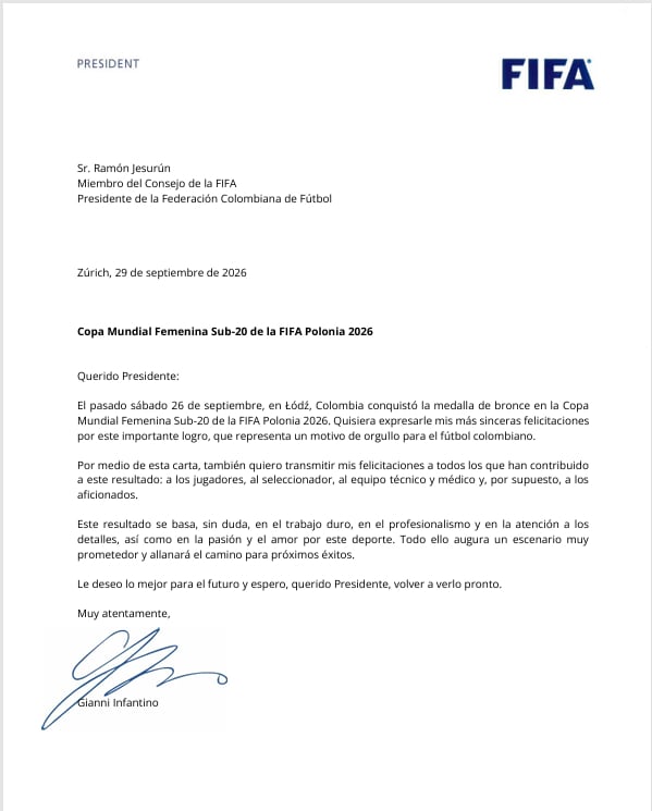 Carta de Gianni Infantino a la Selección Colombia tras su tercer puesto en el Mundial Femenino Sub-20