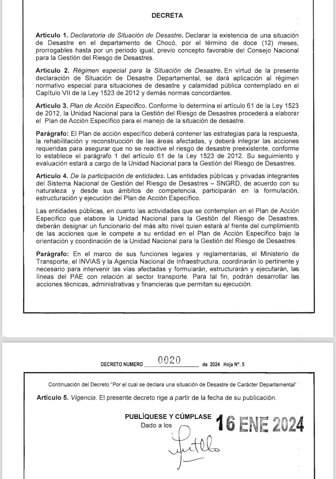 Decreto desastre natural Chocó