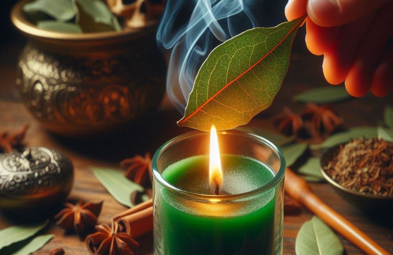 Quemar una hoja de laurel con una vela verde para atraer la prosperidad.