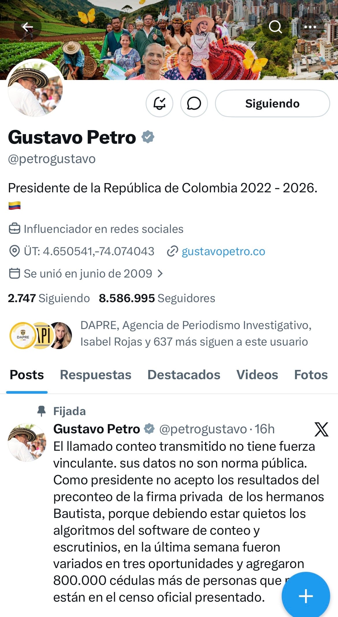 Pantallazo cuenta personal de X del presidente Gustavo Petro.