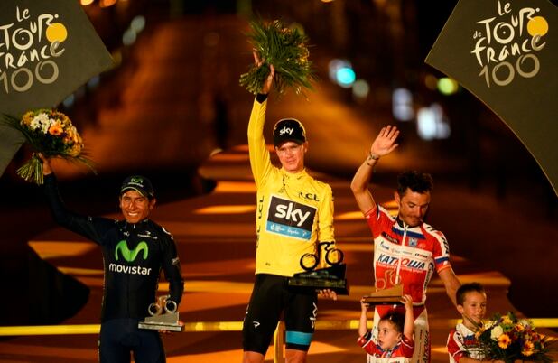 El podio final: Nairo Quintana, Cristopher Froome y Joaquim 'purito' Rodríguez.