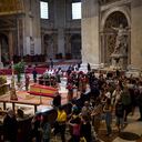 The body of Pope Francis is carried into St. Peter's Basilica at the Vatican, Wednesday, April 23, 2025, where he will lie in state for three days. (AP Photo/Emilio Morenatti)