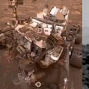En el borde de la imagen, sobre una loma rocosa del horizonte marciano, se distingue una silueta oscura con una especie de cabeza redondeada y filamentos que cuelgan hacia abajo.