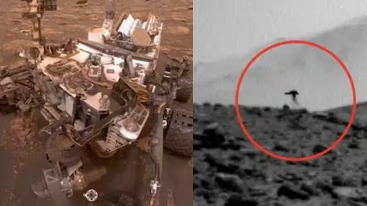 En el borde de la imagen, sobre una loma rocosa del horizonte marciano, se distingue una silueta oscura con una especie de cabeza redondeada y filamentos que cuelgan hacia abajo.