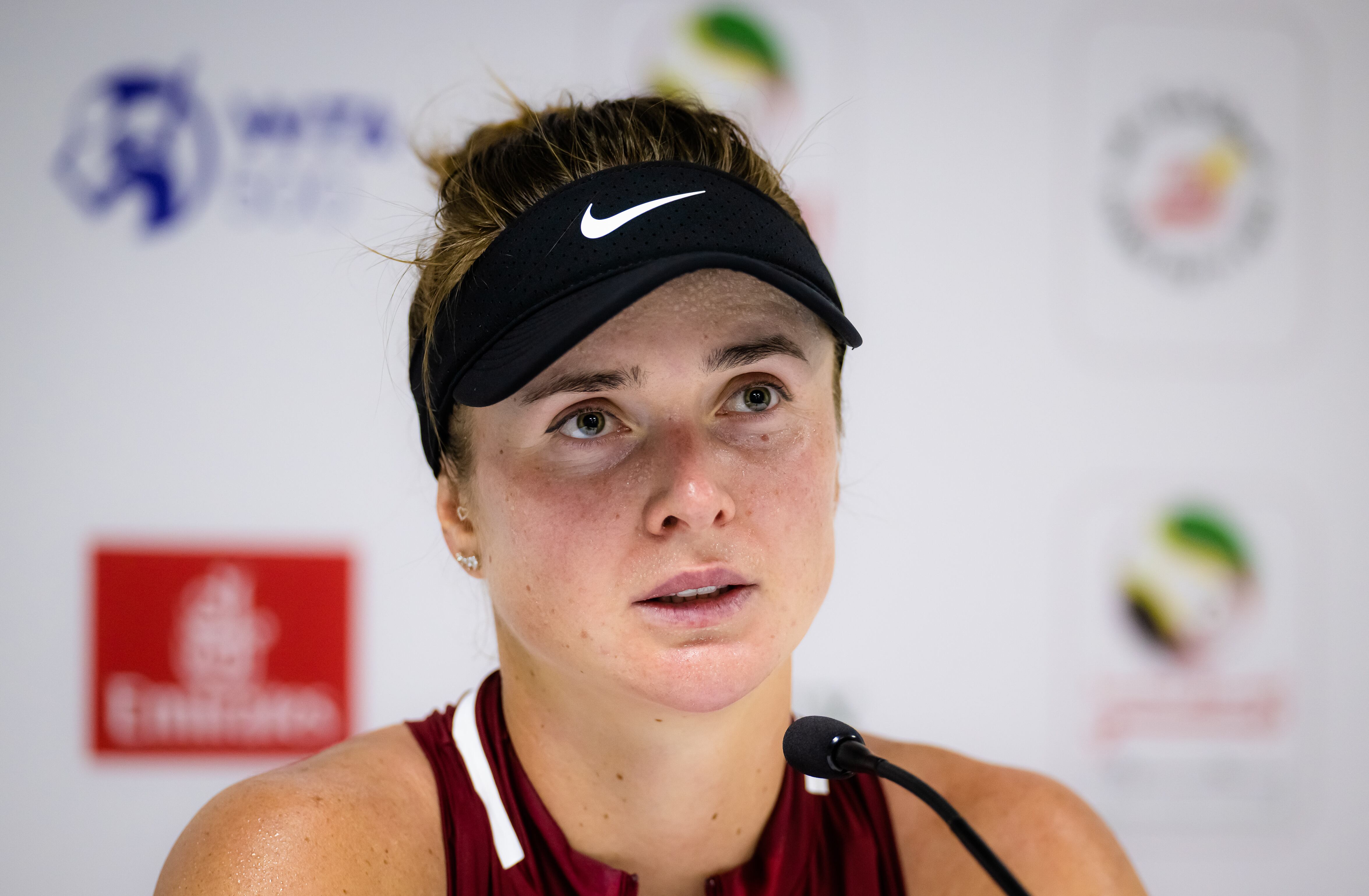 DUBAI, UNITED ARAB EMIRATES - FEBRUARY 15: Elina Svitolina of Ukraine talks to the media after defeating Mayar Sherif of Egypt in her first round match at the Dubai Duty Free Tennis at Dubai Duty Free Tennis Stadium on February 15, 2022 in Dubai, United Arab Emirates (Photo by Robert Prange/Getty Images)
