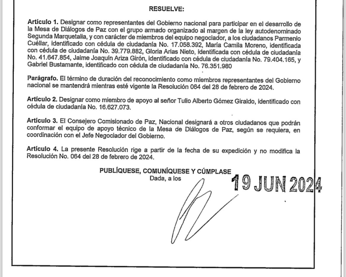 Negociadores del Gobierno para los diálogos con la Segunda Marquetalia