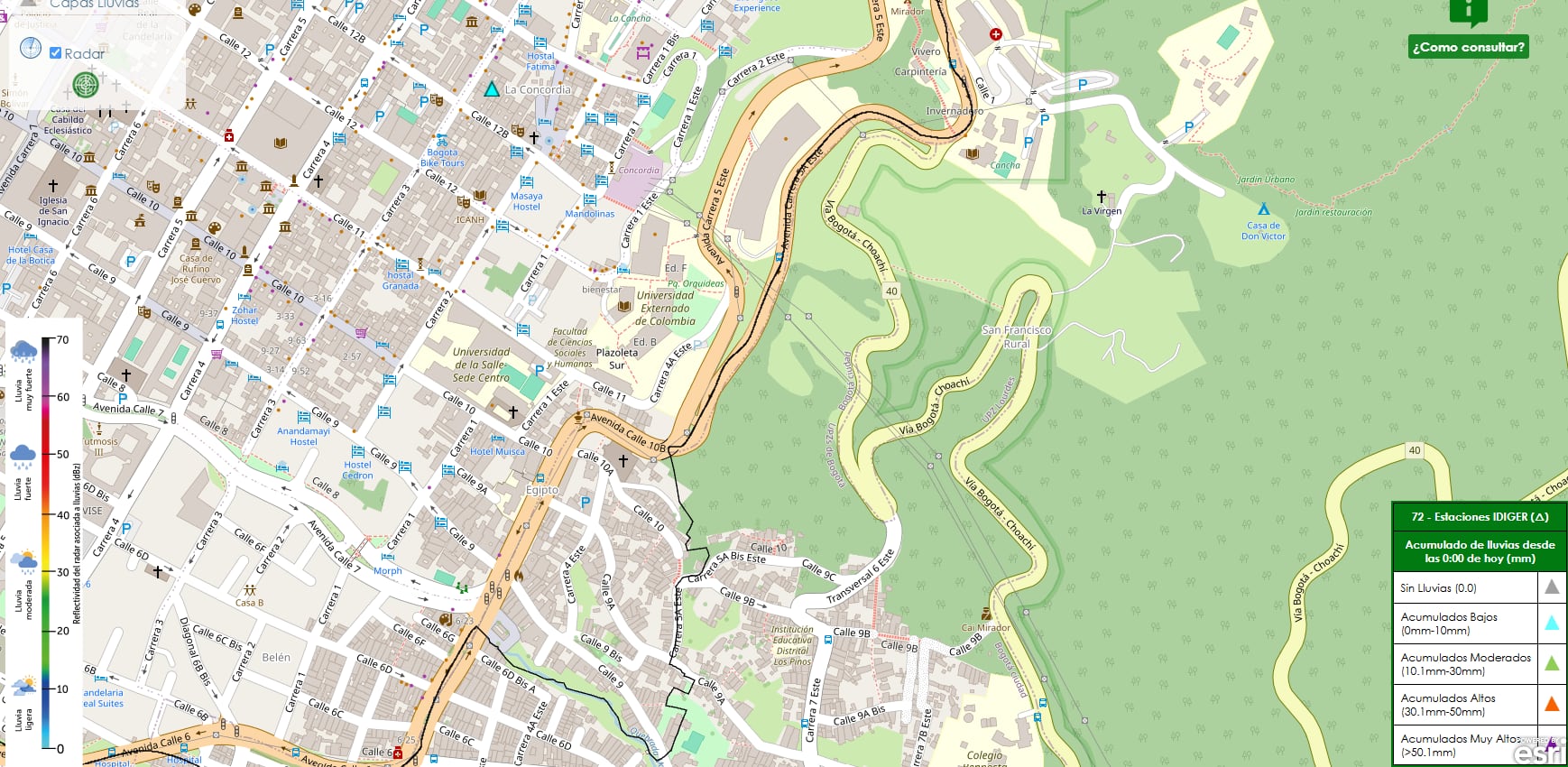 Mapa del IDIGER permite consultar cómo se comportan las lluvias en distintos puntos de Bogotá.