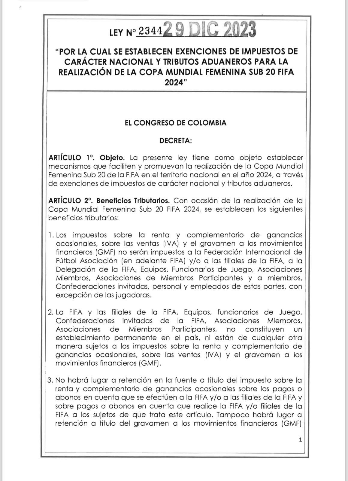 Ley sobre exenciones de impuestos nacionales para la copa mundial femenina Sub-20 Fifa 2024
