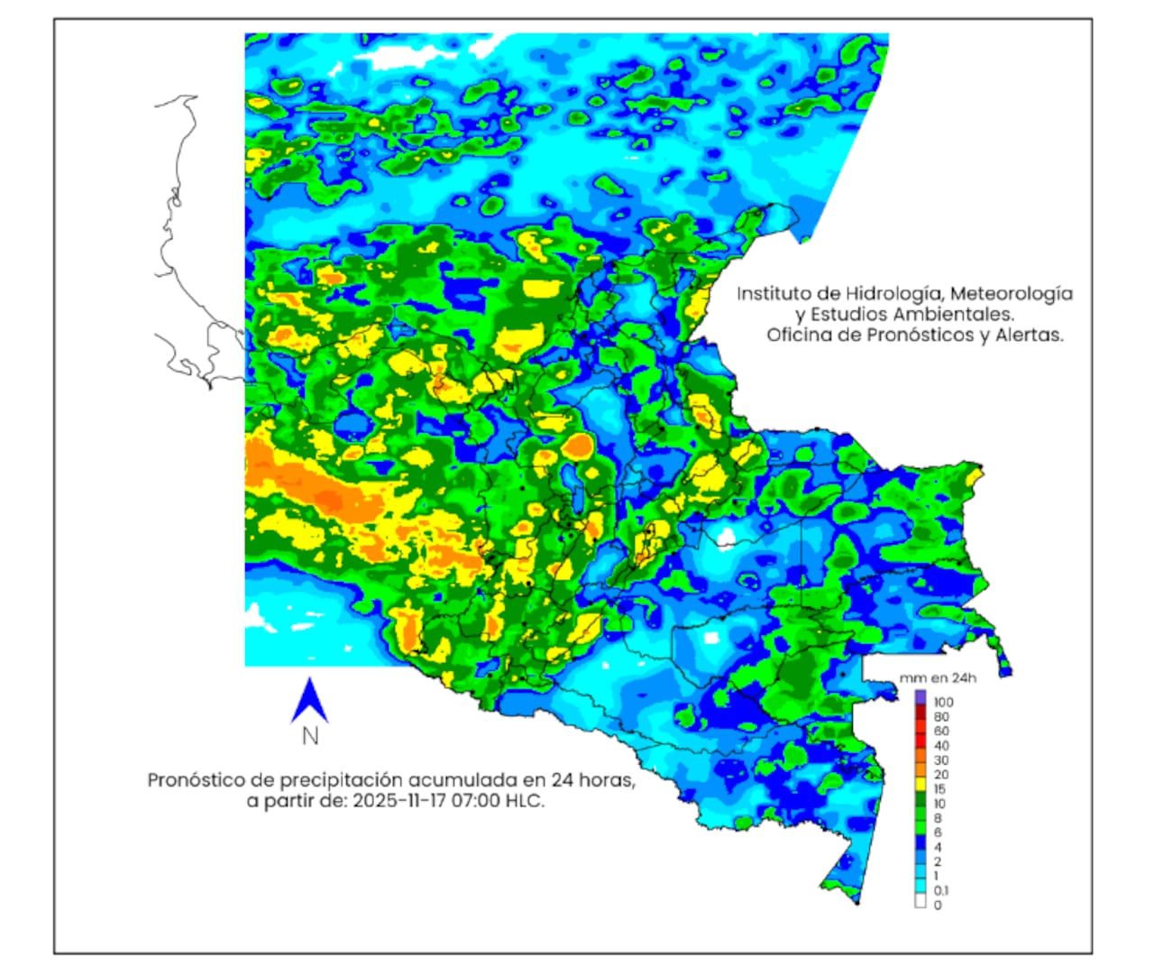La escala de colores indica la cantidad de
precipitación acumulada, el lunes 17 de noviembre de 2025