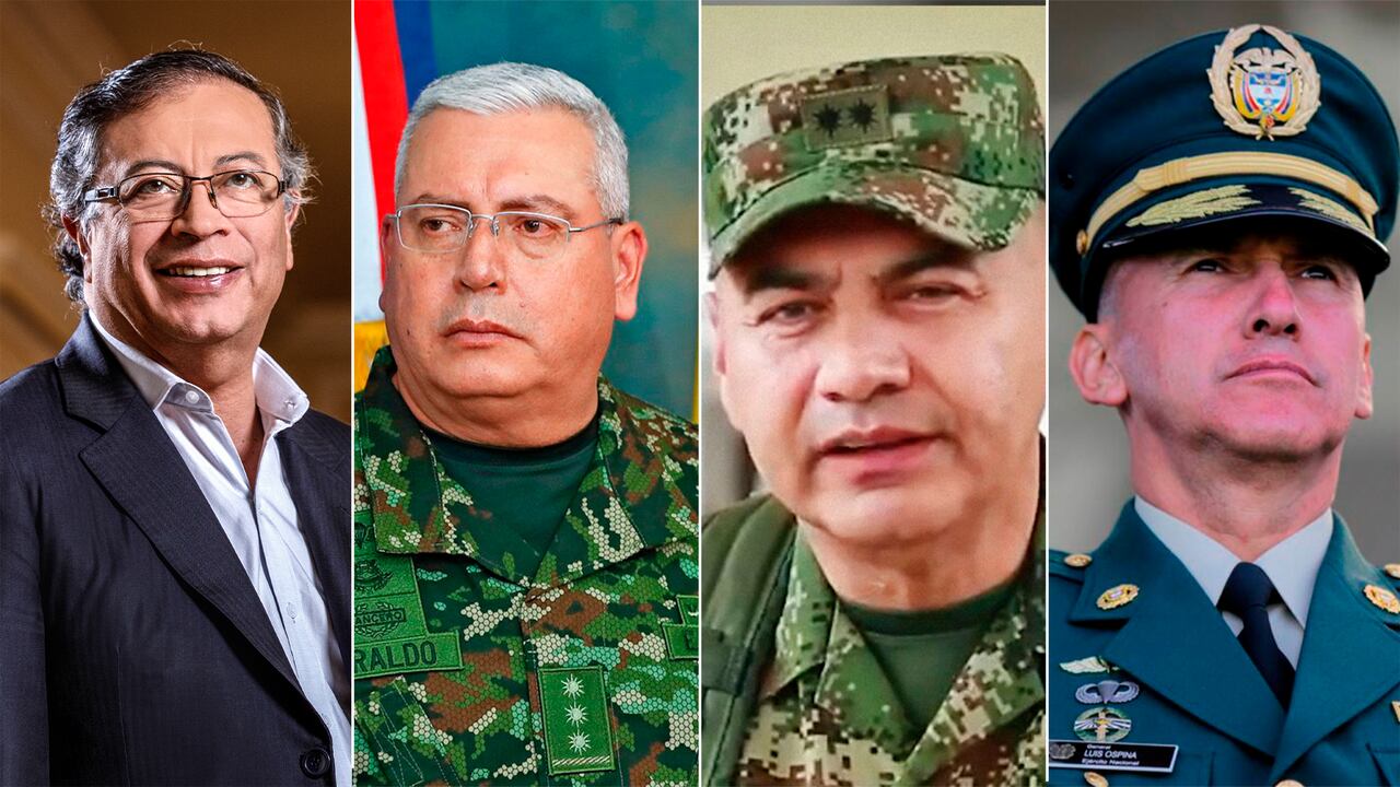 Presidente Gustavo Petro; comandante de las Fuerzas Militares, Helder Giraldo; brigadier general en retiro, John Jairo Rojas y el comandante del Ejército, Luis Mauricio Ospina.