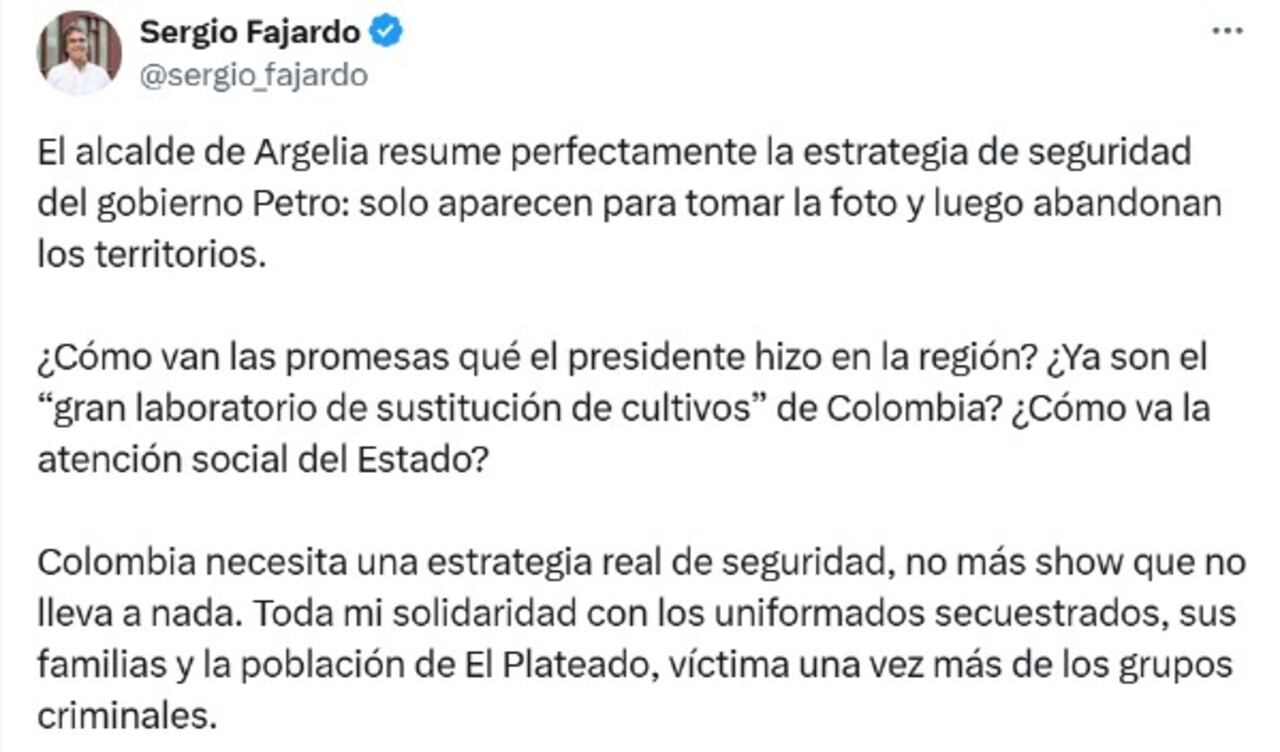 Fajardo arremete contra Petro por la situación de El Plateado