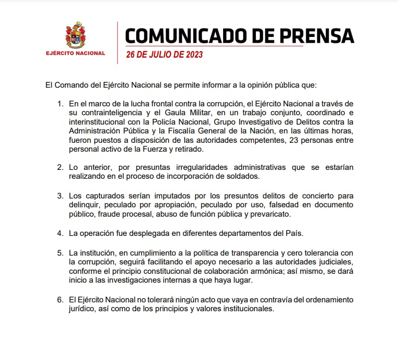 El Ejército entregó detalles de la captura de los 23 militares por presunta corrupción.