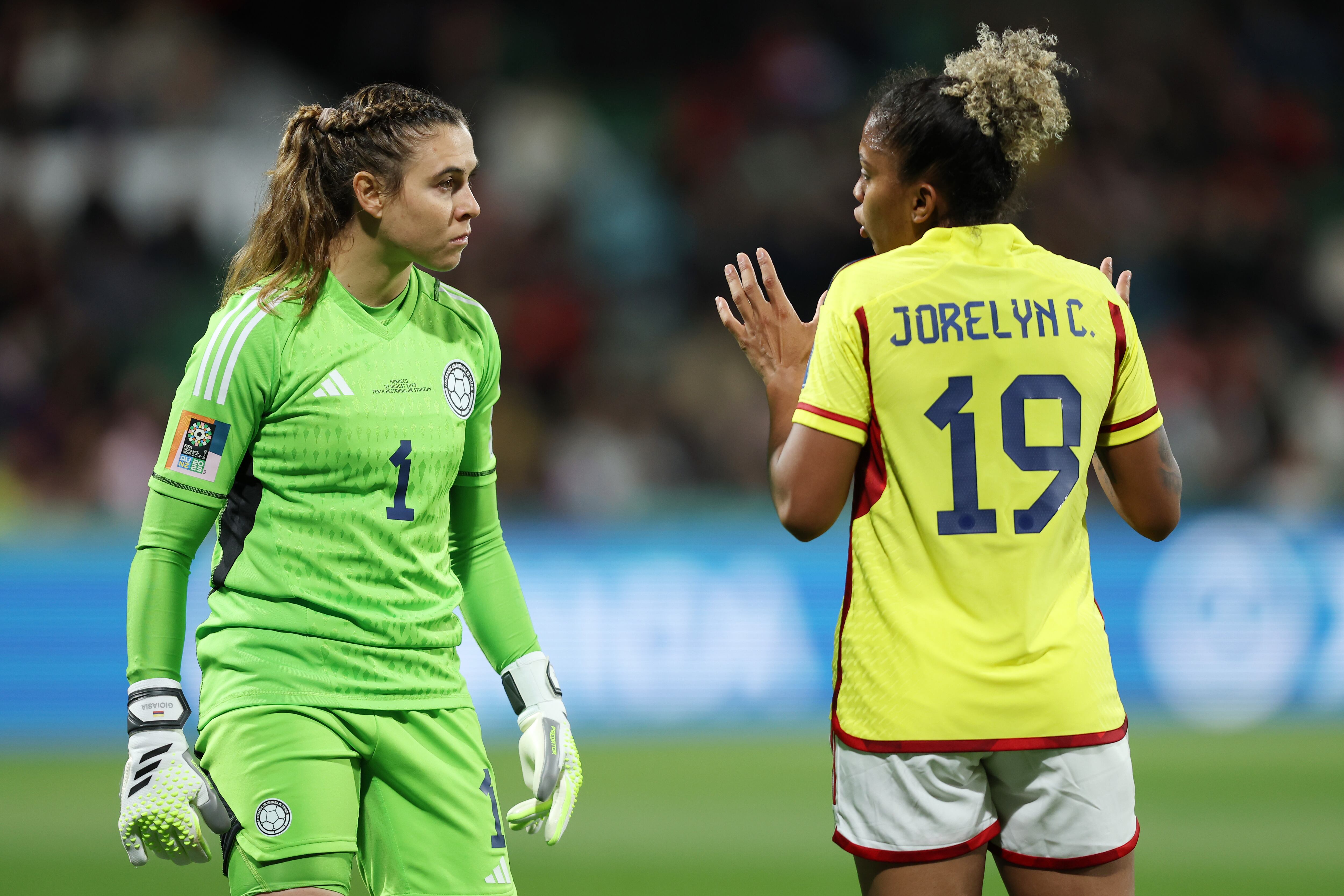 PERTH, AUSTRALIA - AUGUST 03: Jorelyn Carabali and Catalina Perez of Colombia talk during the FIFA Women's World Cup Australia & New Zealand 2023 Group H match between Morocco and Colombia at Perth Rectangular Stadium on August 03, 2023 in Perth, Australia. (Photo by Paul Kane/Getty Images)