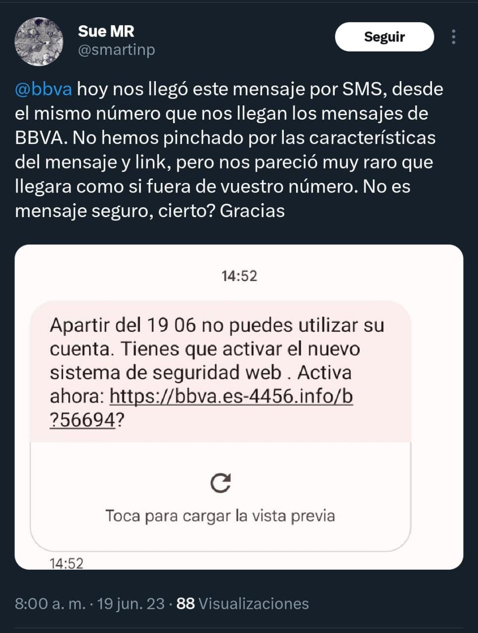 Usuaria denuncia falso mensaje de su entidad bancaria