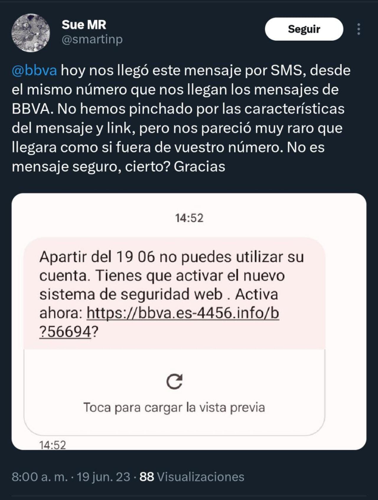 Usuaria denuncia falso mensaje de su entidad bancaria