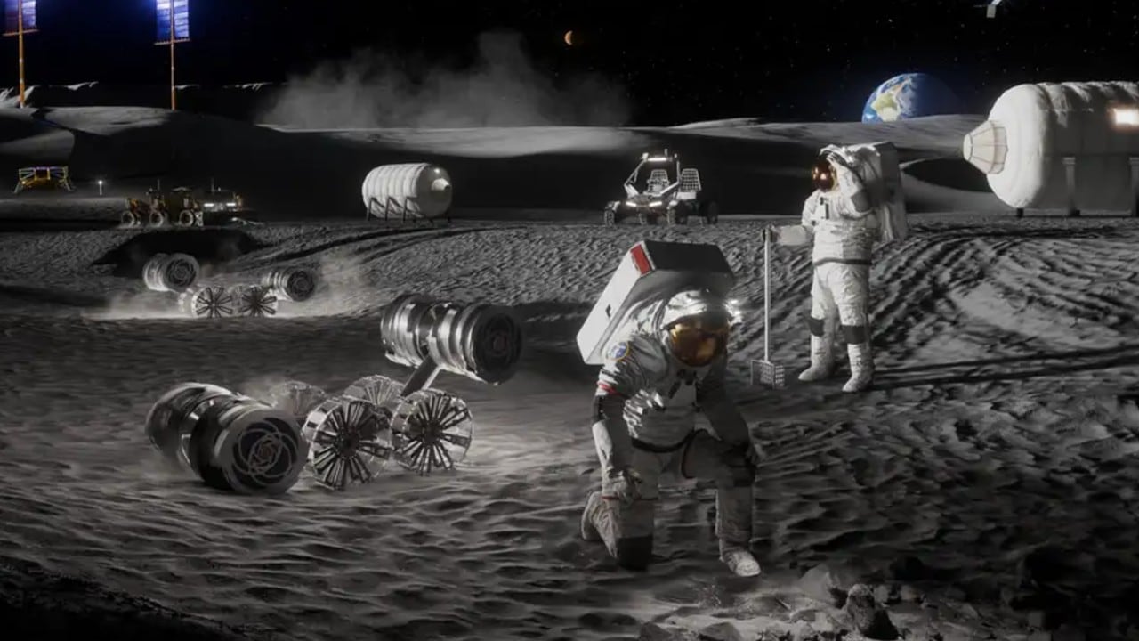 Representación artística de la futura base lunar permanente de la NASA cerca del polo sur, con astronautas, hábitats, róveres y sistemas de energía.