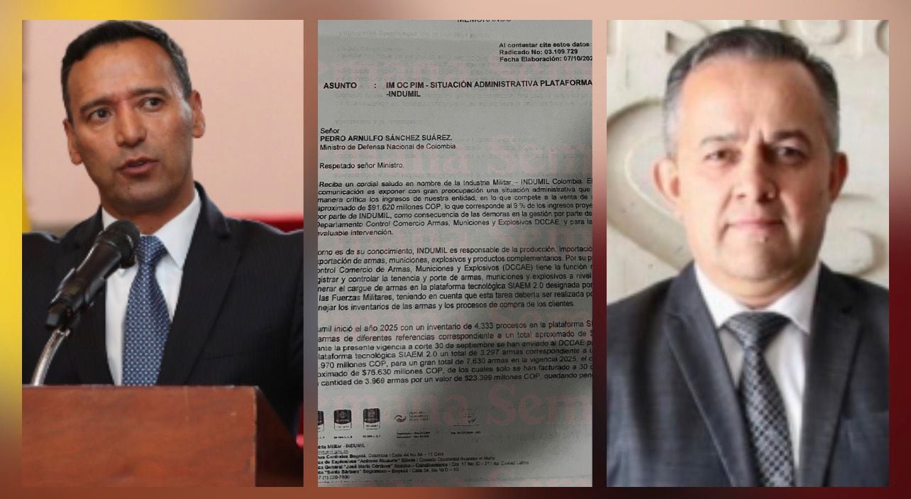 En la imagen el ministro de Defensa, Pedro Sánchez y el presidente Indumil, el coronel retirado Juan Carlos Mazo.