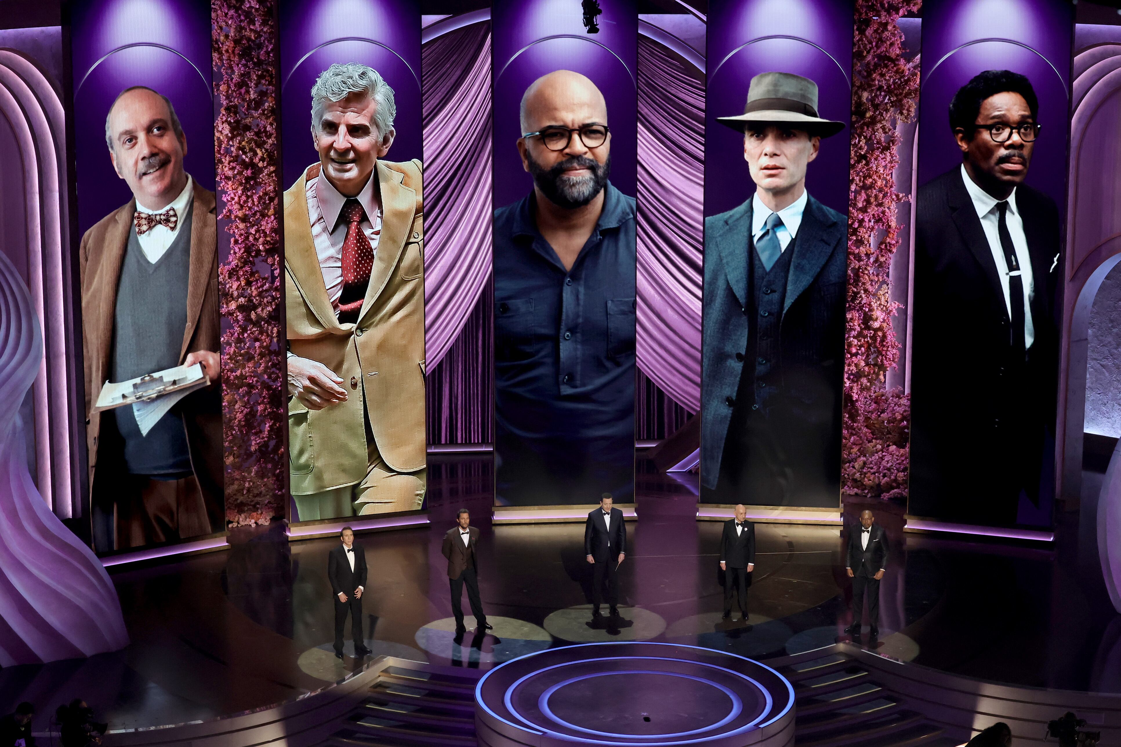 HOLLYWOOD, CALIFORNIA - MARCH 10: (L-R) Nicolas Cage, Matthew McConaughey, Brendan Fraser, Ben Kingsley, and Forest Whitaker speak onstage during the 96th Annual Academy Awards at Dolby Theatre on March 10, 2024 in Hollywood, California. (Photo by Kevin Winter/Getty Images)