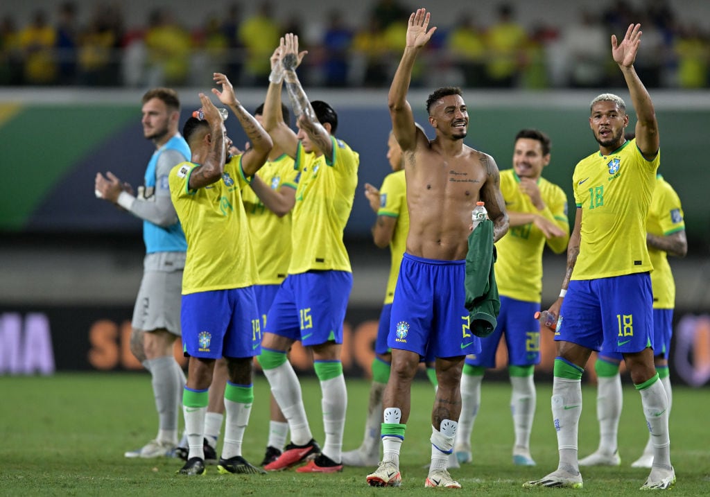 BELEM, BRAZIL - SEPTEMBER 08: Danilo (C) of Brazil celebrates with a teammates after winning the FIFA World Cup 2026 Qualifier match between Brazil and Bolivia at Mangueirao on September 08, 2023 in Belem, Brazil. (Photo by Pedro Vilela/Getty Images)