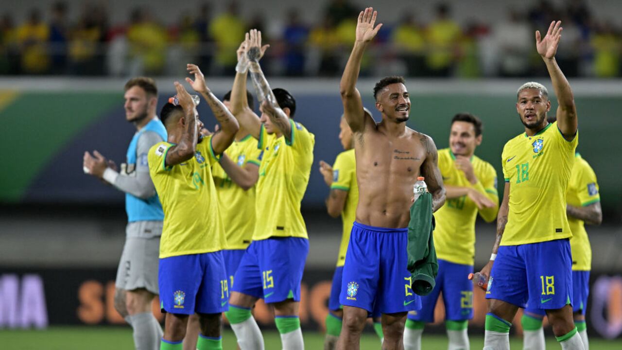 BELEM, BRAZIL - SEPTEMBER 08: Danilo (C) of Brazil celebrates with a teammates after winning the FIFA World Cup 2026 Qualifier match between Brazil and Bolivia at Mangueirao on September 08, 2023 in Belem, Brazil. (Photo by Pedro Vilela/Getty Images)
