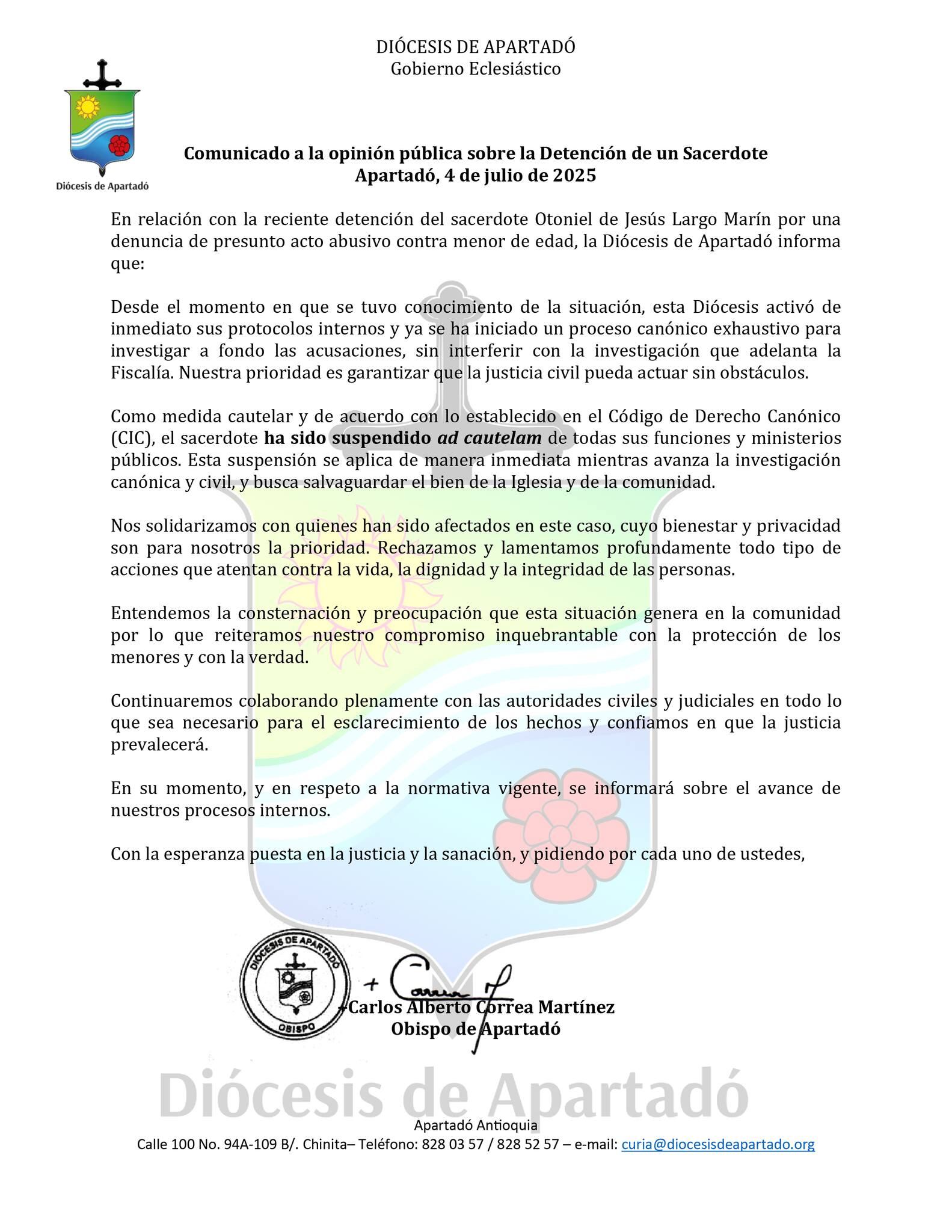 Este es el comunicado de suspensión del sacerdote Otoniel de Jesús Largo Marín en la Diócesis de Apartadó, Antioquia.