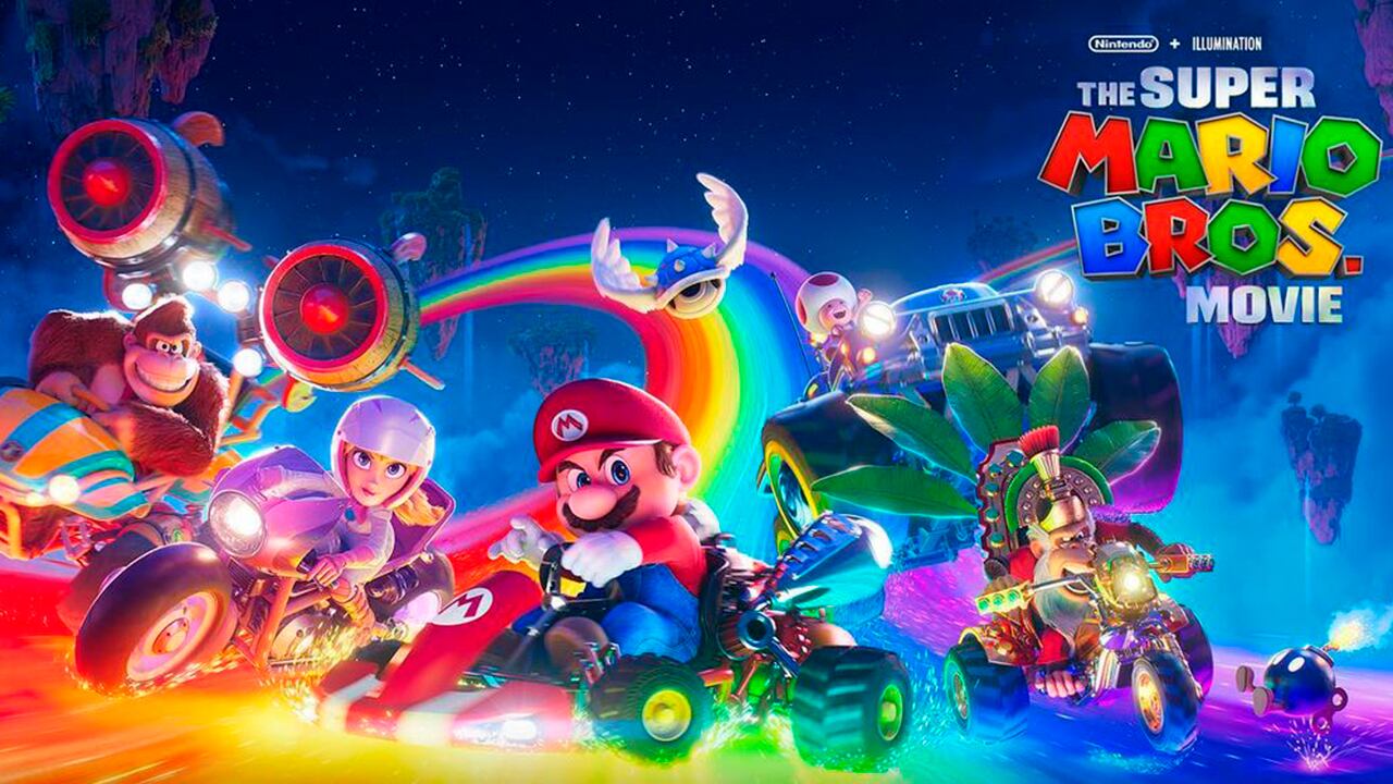 Personajes de la película de Super Mario Bros en karts y autos de carreras.