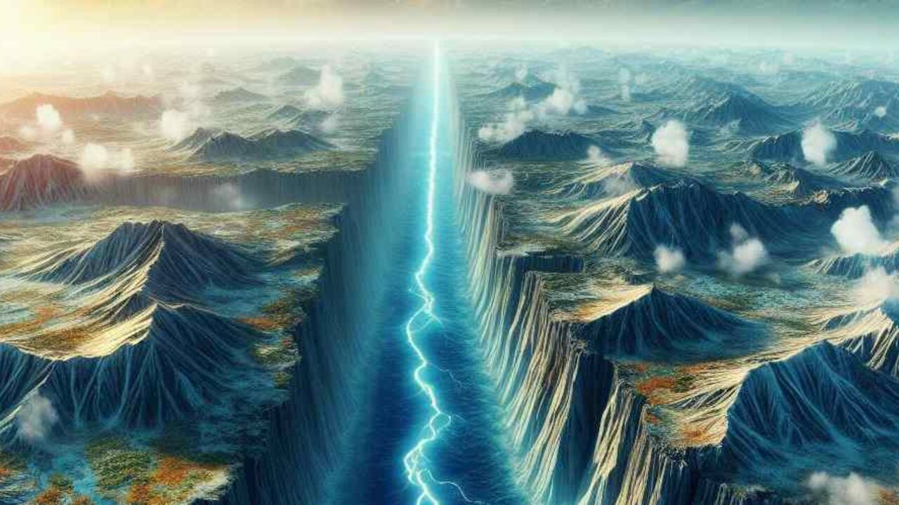 Ilustración de una ruptura en la tierra por la actividad de las placas tectónicas