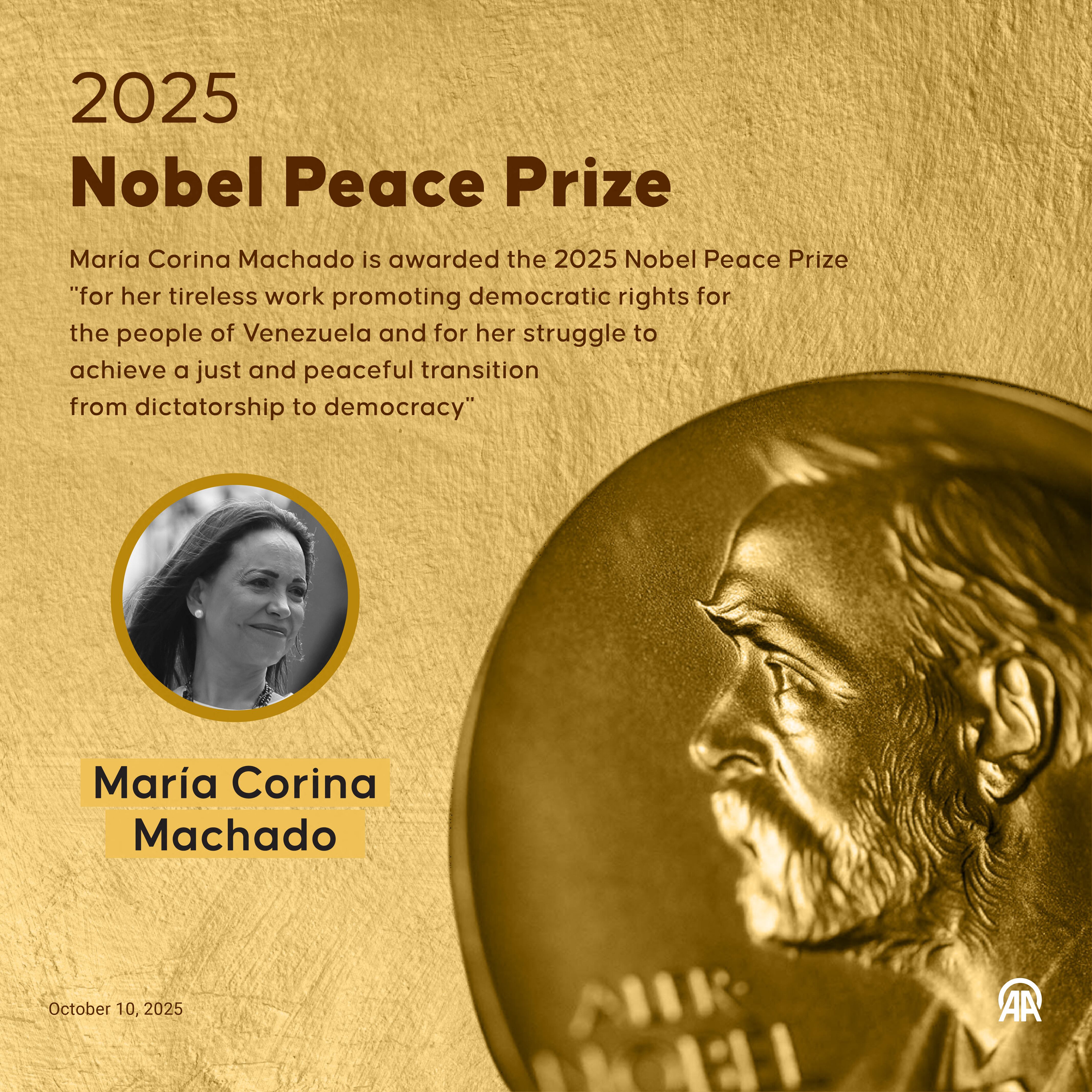 María Corina Machado recibe el Premio Nobel de la Paz 2025 "por su incansable labor en la promoción de los derechos democráticos del pueblo venezolano y por su lucha para lograr una transición justa y pacífica de la dictadura a la democracia". Bedirhan Demirel / Anadolu (Foto de Bedirhan Demirel / Anadolu vía AFP)