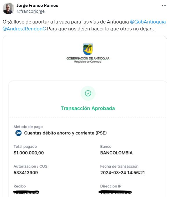 Aporte del escritor Jorge Franco Ramos para la 'vaca' en Antioquia.