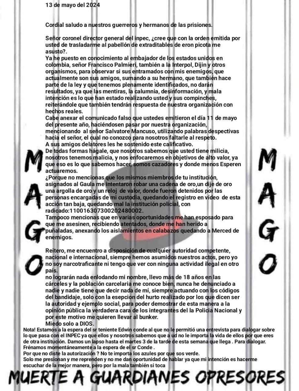 Nueva amenaza del Mago, ahora contra el director del Inpec