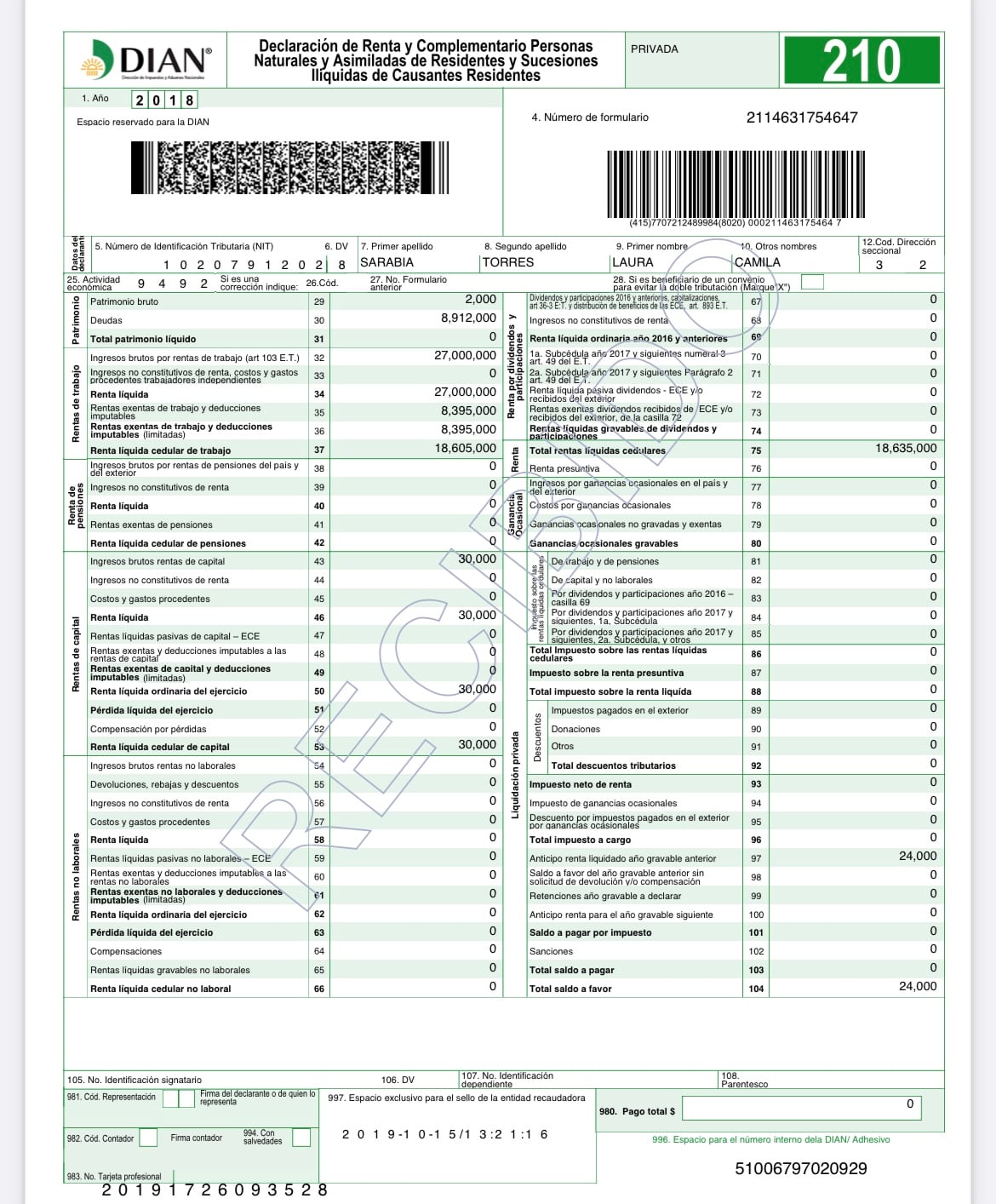 Declaración de renta Laura Sarabia 2018