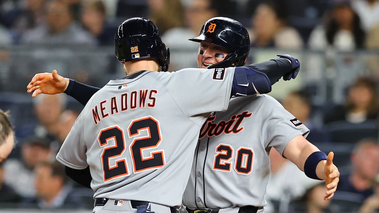 BRONX, NY - SEPTEMBER 09: Parker Meadows #22 of the Detroit Tigers hugs Spencer Torkelson #20 after he hits a two run home run during the fifth inning of the game against the New York Yankees on September 9, 2025 at Yankee Stadium in the Bronx, New York. (Photo by Rich Graessle/Icon Sportswire via Getty Images)