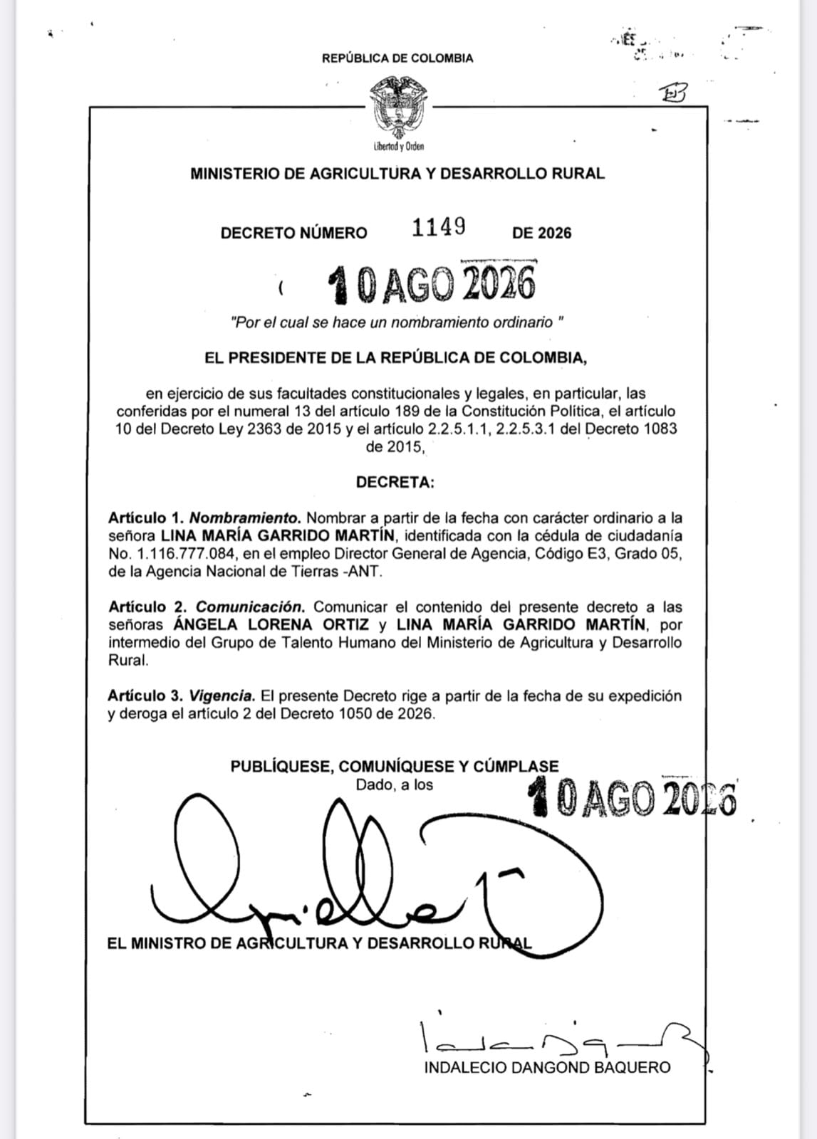 Decreto nombramiento de Lina María Garrido.