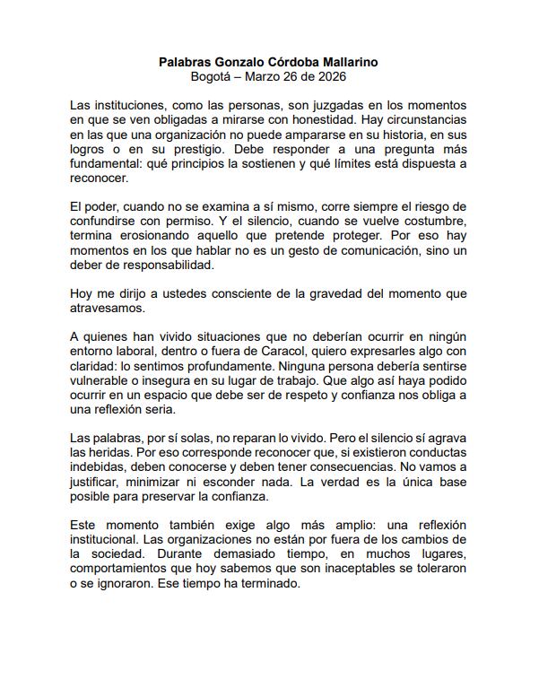 Comunicado presidente de Caracol Televisión