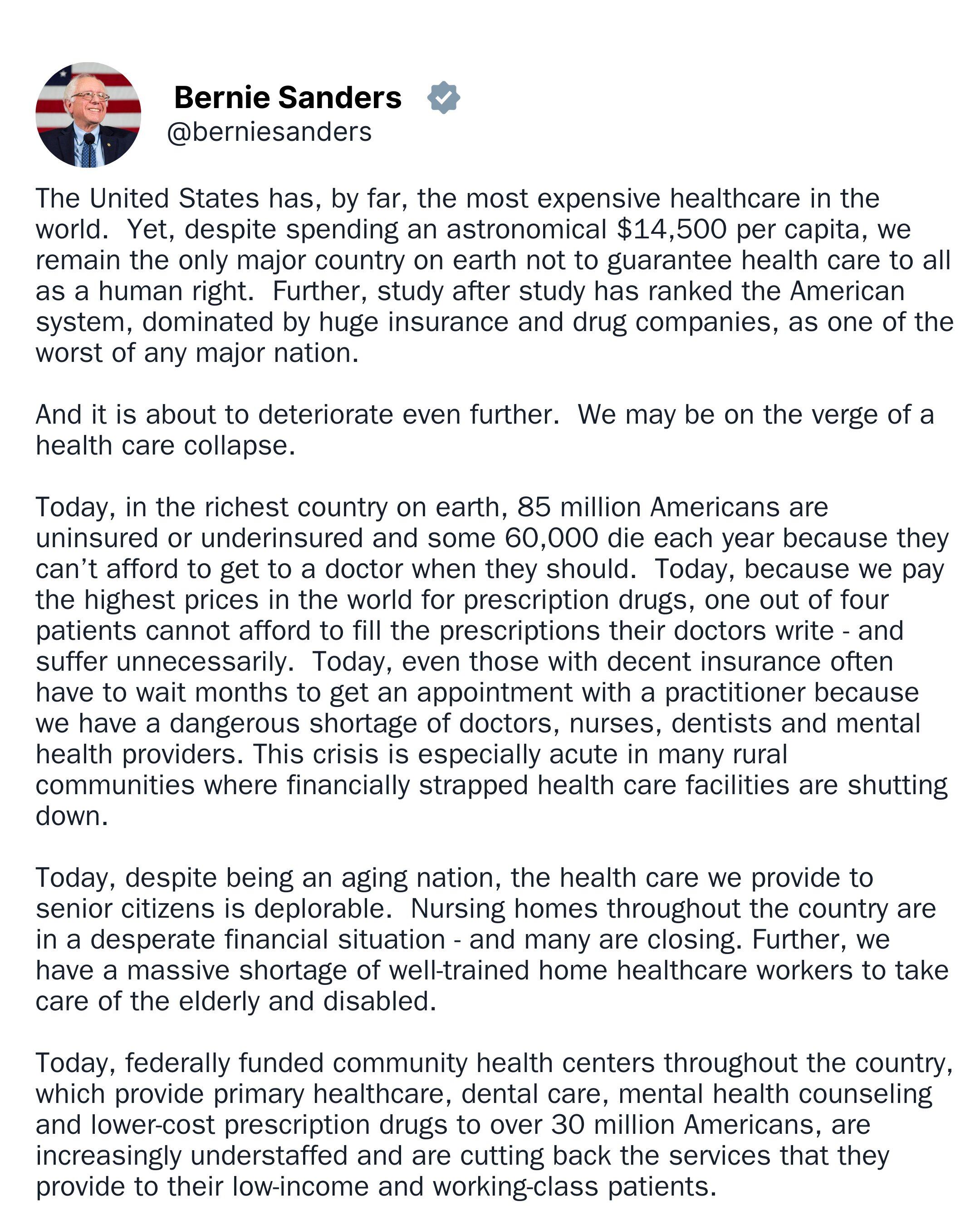 El congresista sostiene que más de 80 millones de personas tienen problemas para acceder a atención médica en EE. UU.