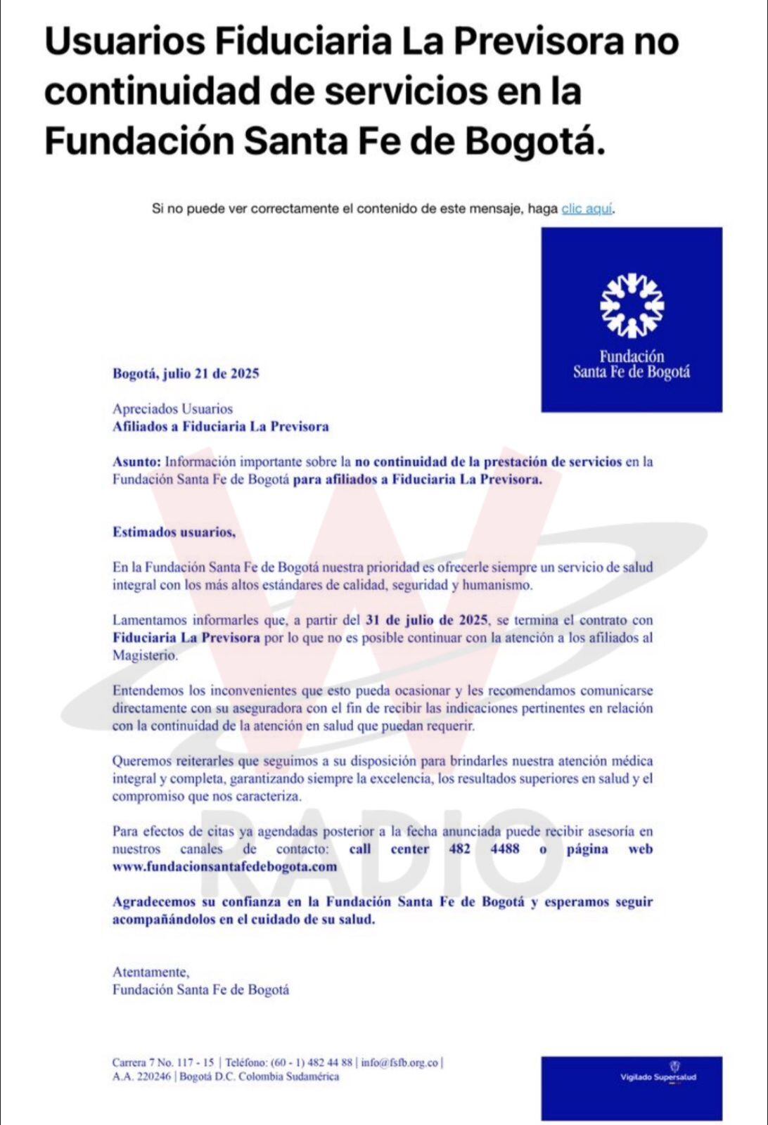 Carta de la Fundación Santa Fe a los maestros del Magisterio.
