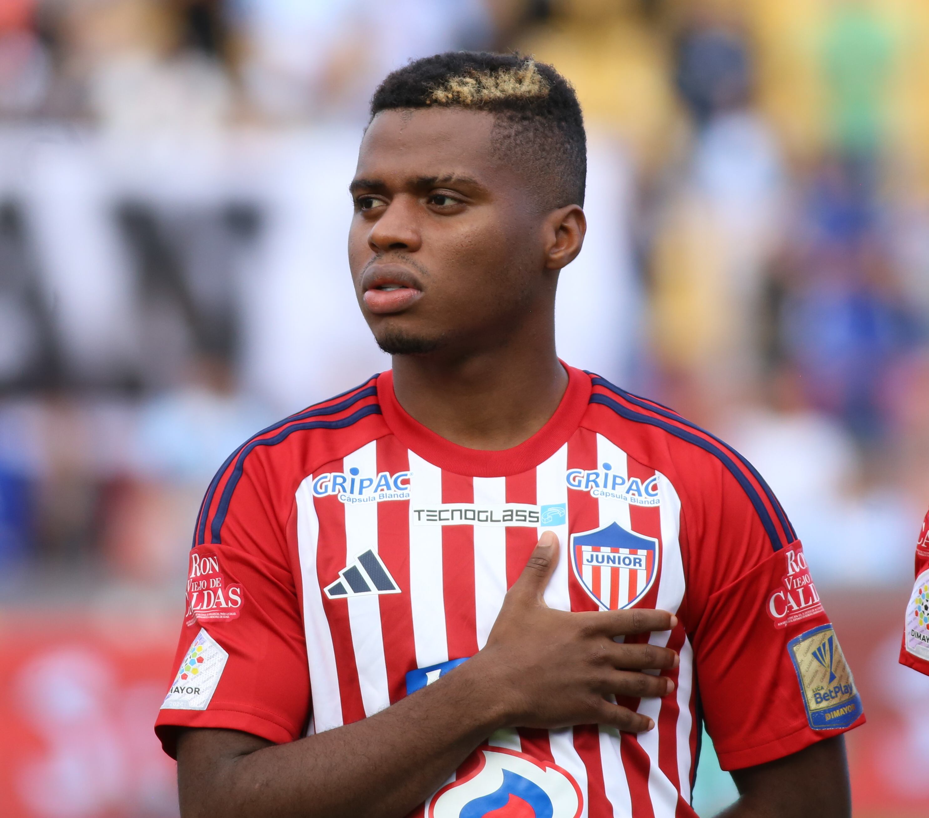 Deiber Caicedo of Atletico Junior is playing during matchday 6 of the quadrangular semifinals group A of the Liga BetPlay DIMAYOR I 2024 at the Nemesio Camacho El Campin stadium in Bogota. (Photo by Daniel Garzon Herazo/NurPhoto via Getty Images)