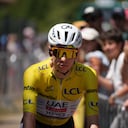 Slovenia's Tadej Pogacar, wearing the overall leader's yellow jersey, arrives at the start of the nineteenth stage of the Tour de France cycling race with start in Gap and finish in Alpe d'Huez, France, Friday, July 24, 2026. (AP Photo/Mosa'ab Elshamy)