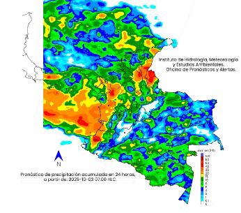 La escala de colores indica la cantidad de
precipitación acumulada (en milímetros) el 3 de octubre de 2025