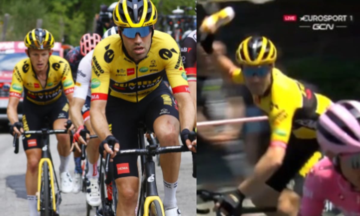 El video viral del divertido momento en el que Tom Dumoulin amenaza con un bidón al líder del Giro.