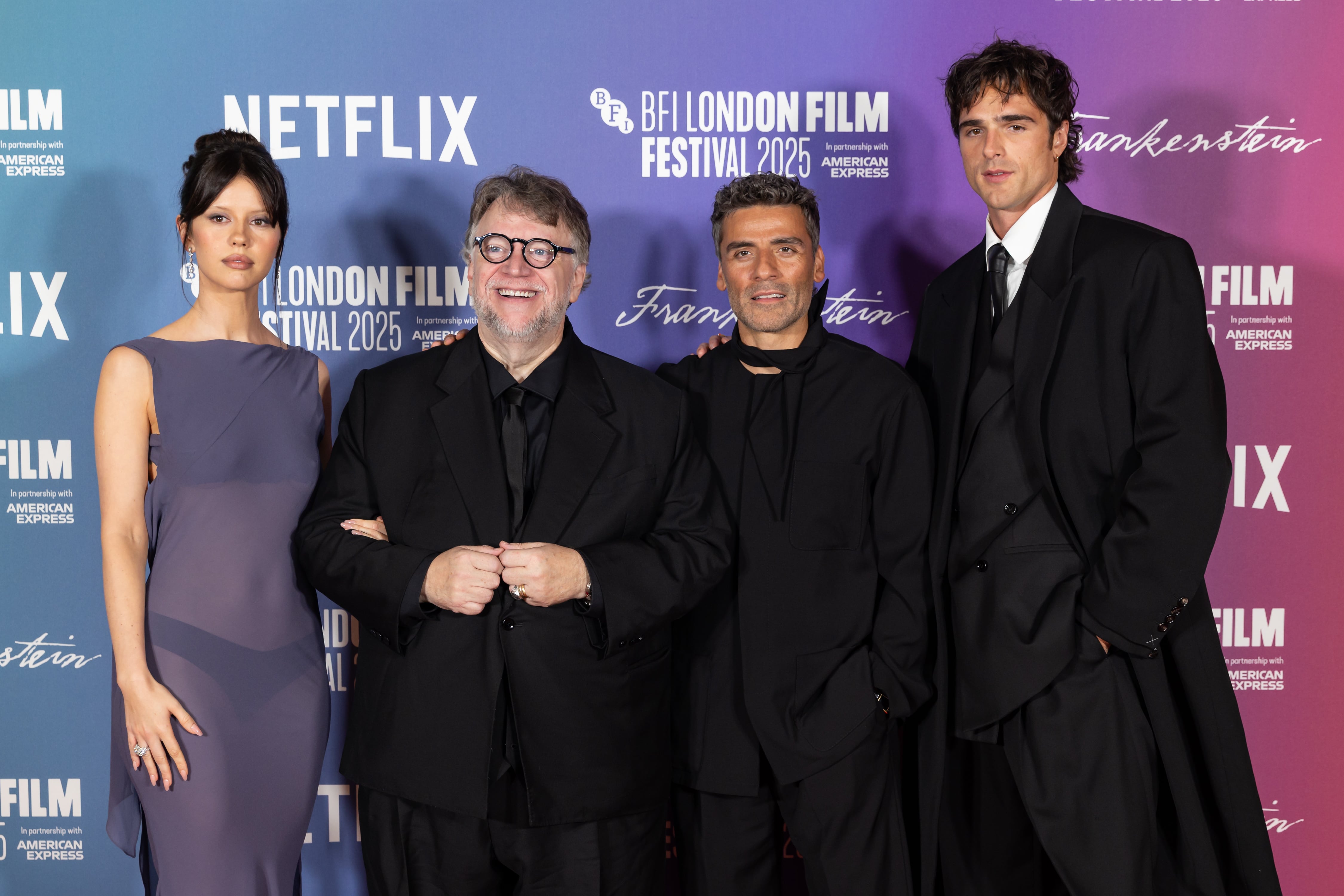 (L to R) Mia Goth, Guillermo del Toro, Oscar Isaac and Jacob Elordi attend the Headline Gala screening of Netflix's "Frankenstein" during the 69th BFI London Film Festival at The Royal Festival Hall on October 13th, 2025 in London, England. (Photo by StillMoving.Net for Netflix)