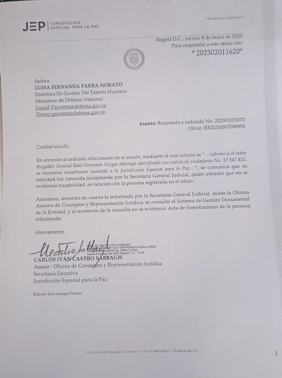 Desde el Ministerio de Defensa aseguraron que el general Raúl Vargas, no se encuentra sometido a la JEP.